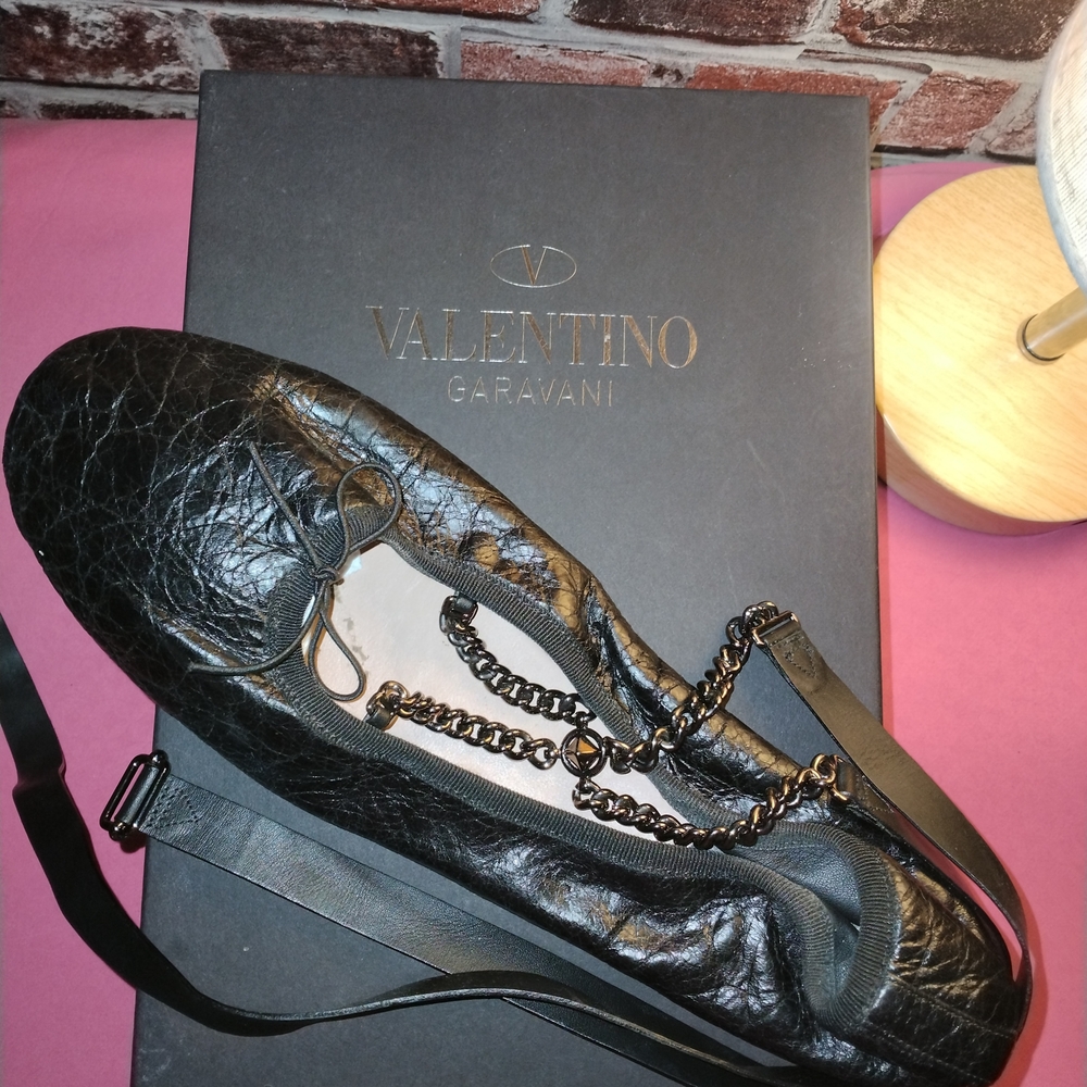 Valentino Garavani Black Leather Ballet Flat with Silver Chain Ankle Strap